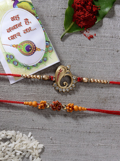 Set Of 2 Gold-Toned Ganesha Stone-Studded Rakhi With Roli Chawal & Chocolate