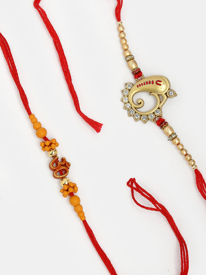 Set Of 2 Gold-Toned Ganesha Stone-Studded Rakhi With Roli Chawal