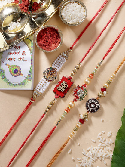 Set Of 4 Gold-Toned Stone-Studded & Beaded Rakhi With Roli Chawal & Chocolate