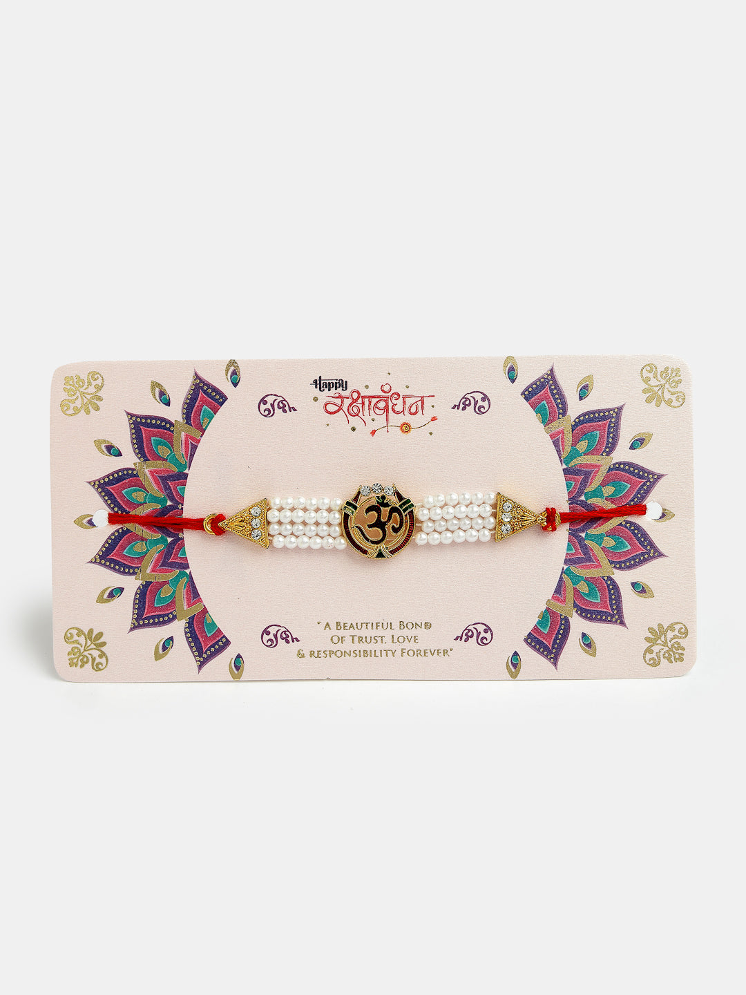 Set Of 4 Gold-Toned Stone-Studded & Beaded Rakhi With Roli Chawal & Chocolate