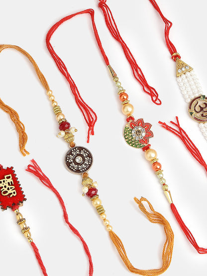 Set Of 4 Gold-Toned Stone-Studded & Beaded Rakhi With Roli Chawal & Chocolate