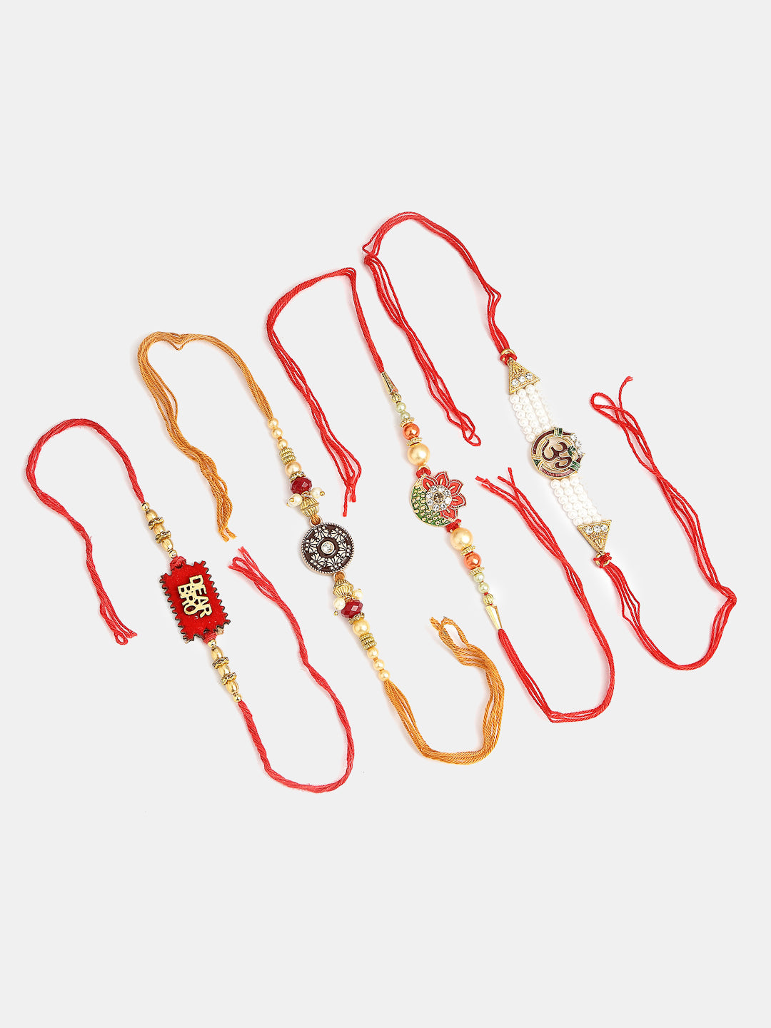 Set Of 4 Gold-Toned Stone-Studded & Beaded Rakhi With Roli Chawal & Chocolate