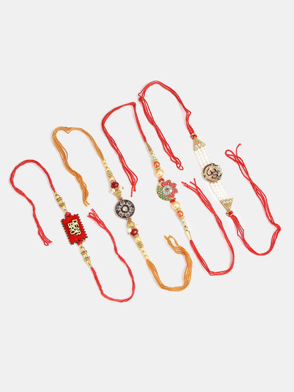 Set Of 4 Gold-Toned Stone-Studded & Beaded Rakhi With Roli Chawal & Chocolate