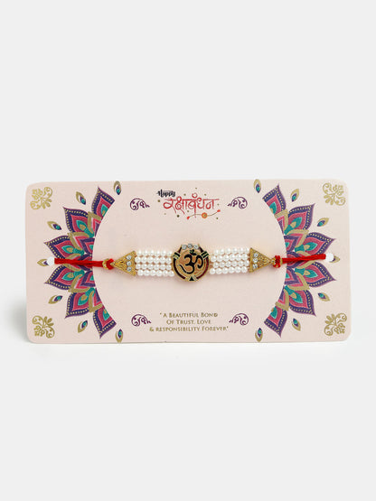 Set Of 4 Gold-Toned Stone-Studded & Beaded Rakhi With Roli Chawal