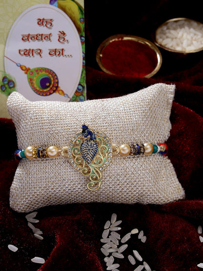 Gold-Toned Peacock Design Stone-Studdded Rakhi With Roli Chawal & Chocolate