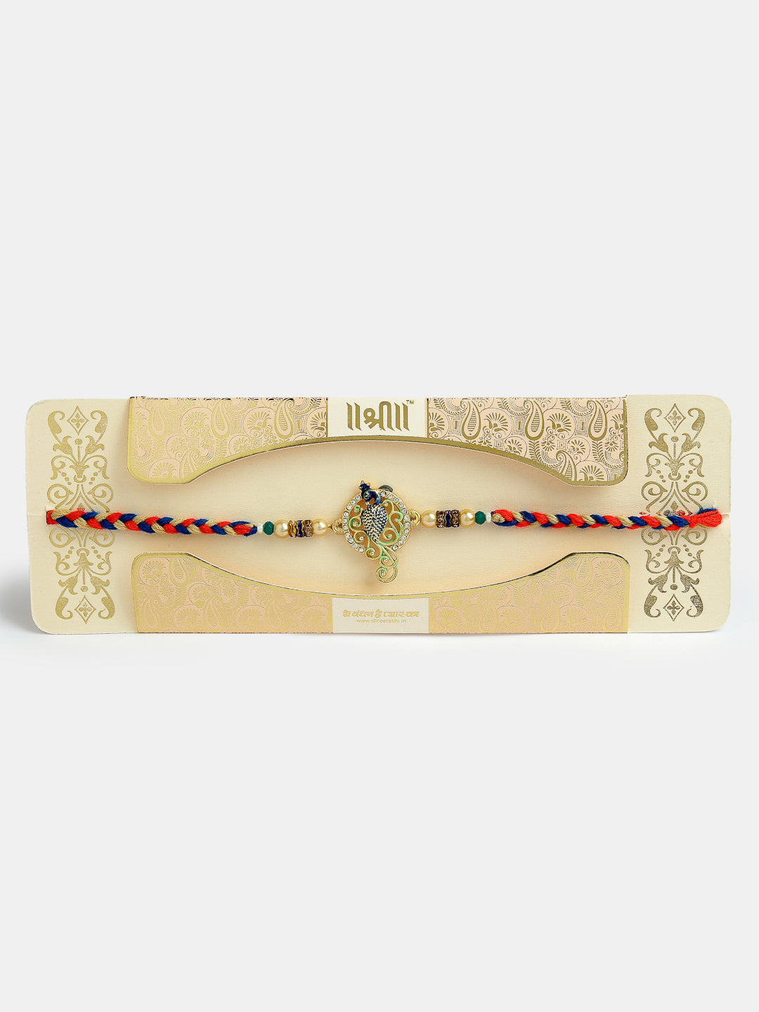 Gold-Toned Peacock Design Stone-Studdded Rakhi With Roli Chawal & Chocolate