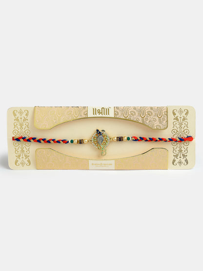 Gold-Toned Peacock Design Stone-Studdded Rakhi With Roli Chawal & Chocolate