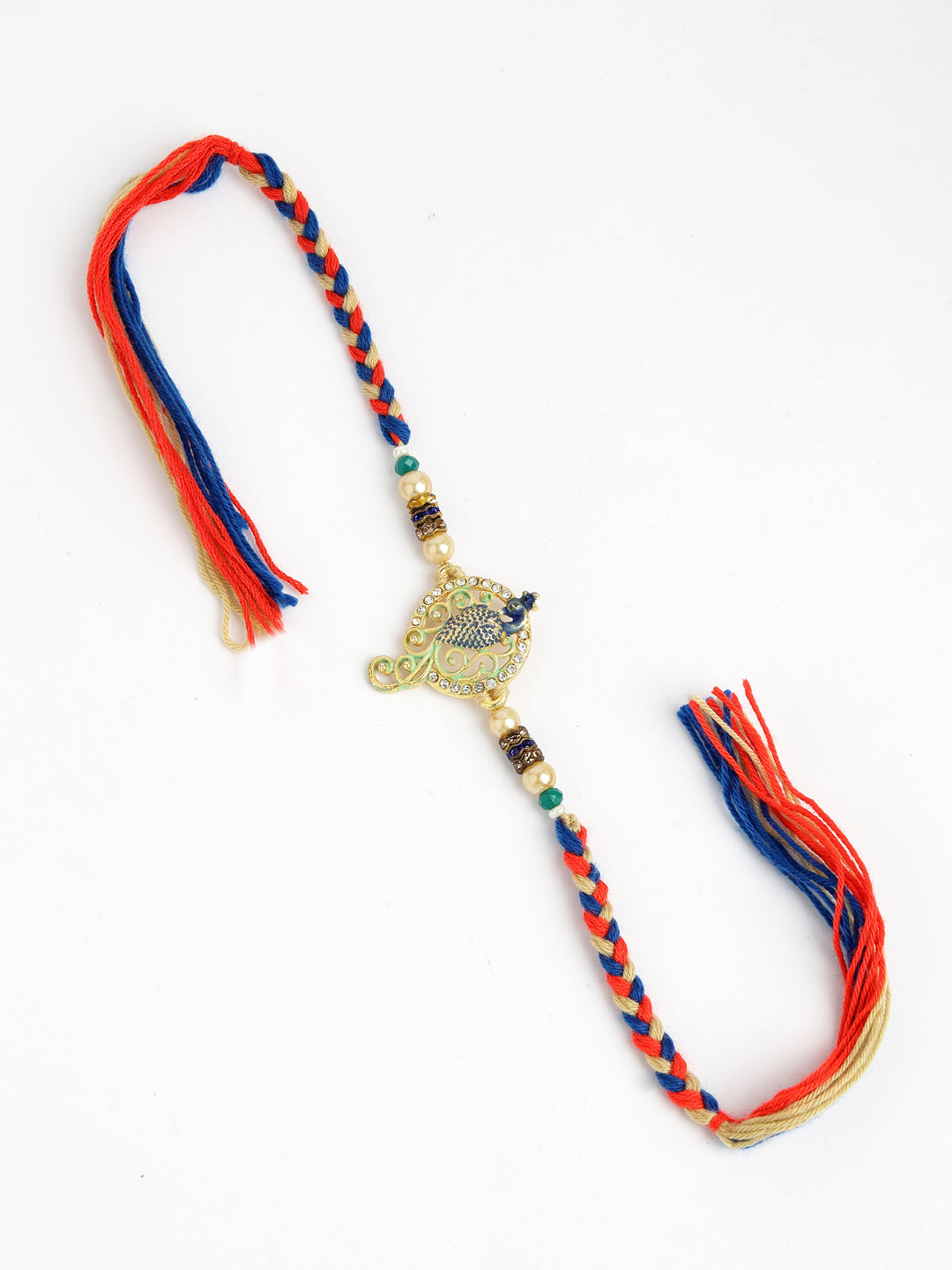 Gold-Toned Peacock Design Stone-Studdded Rakhi With Roli Chawal & Chocolate