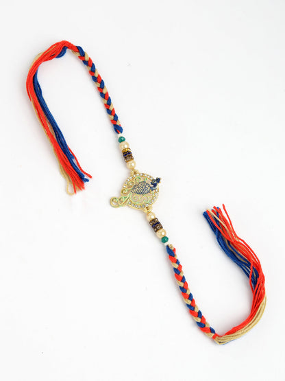 Gold-Toned Peacock Design Stone-Studdded Rakhi With Roli Chawal & Chocolate