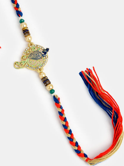 Gold-Toned Peacock Design Stone-Studdded Rakhi With Roli Chawal & Chocolate