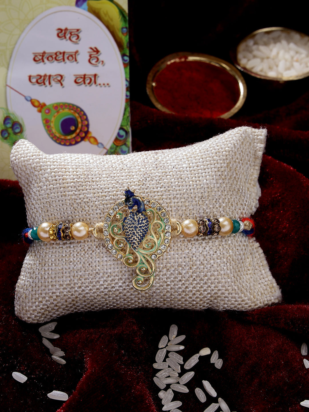 Gold-Toned Peacock Design Stone-Studdded Rakhi With Roli Chawal
