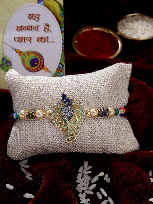 Gold-Toned Peacock Design Stone-Studdded Rakhi With Roli Chawal
