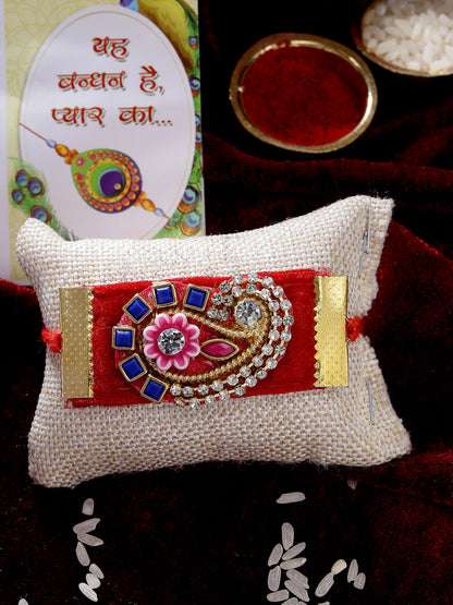 Red Stone-Studded Rakhi With Roli Chawal & Chocolate