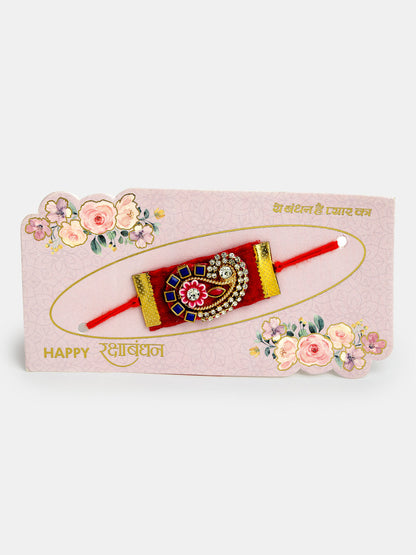 Red Stone-Studded Rakhi With Roli Chawal & Chocolate