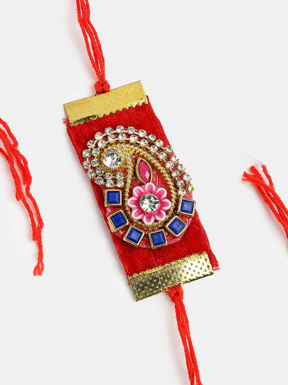 Red Stone-Studded Rakhi With Roli Chawal & Chocolate