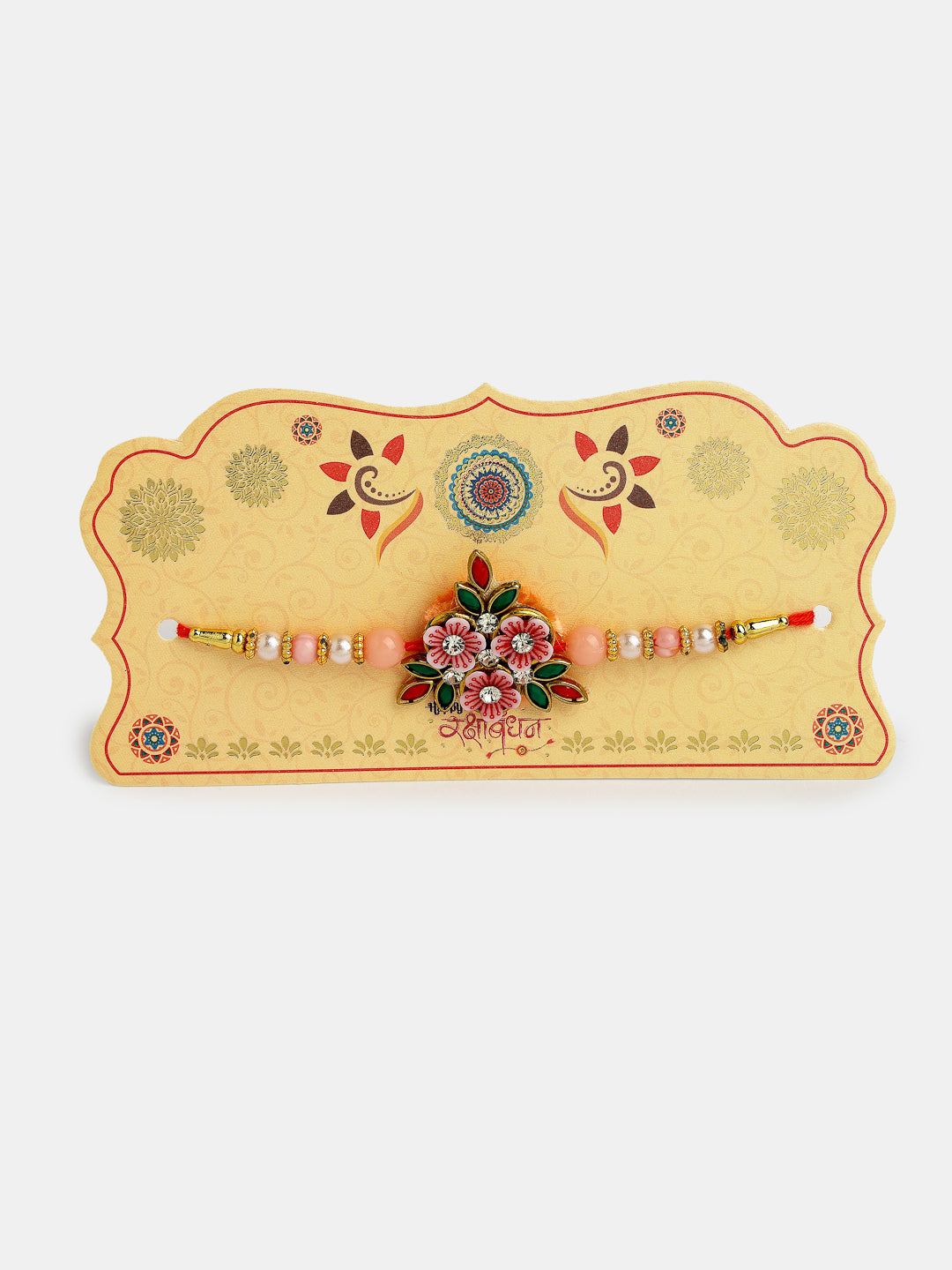 Pink Floral Shape Stone-Studdded & Beaded Rakhi With Roli Chawal & Chocolate