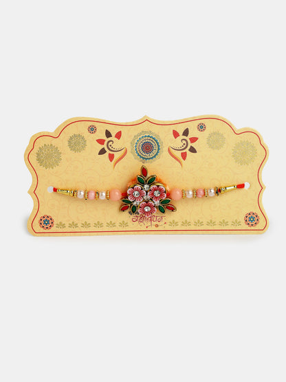 Pink Floral Shape Stone-Studdded & Beaded Rakhi With Roli Chawal & Chocolate
