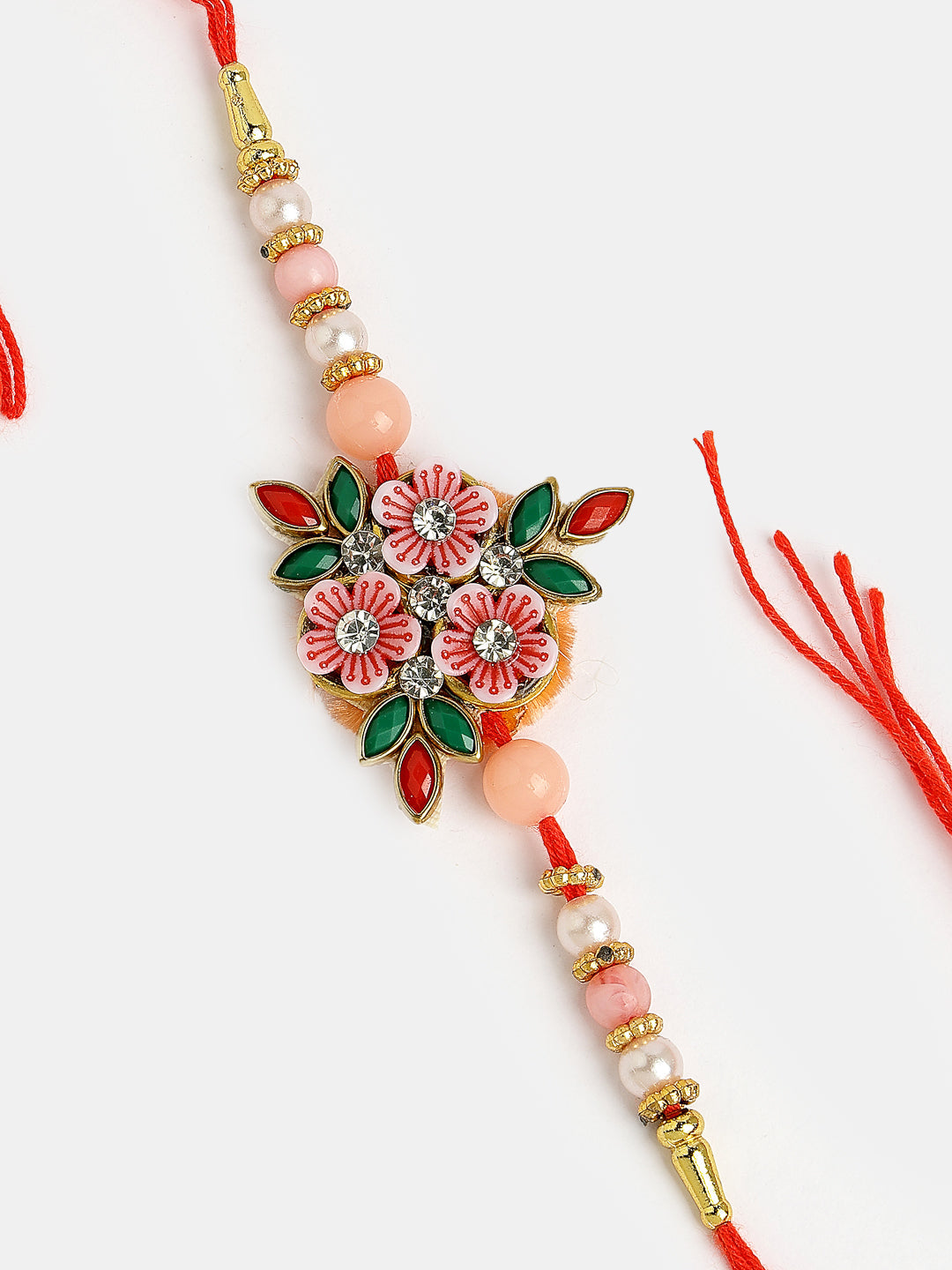 Pink Floral Shape Stone-Studdded & Beaded Rakhi With Roli Chawal & Chocolate