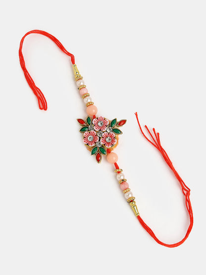 Pink Floral Shape Stone-Studdded & Beaded Rakhi With Roli Chawal & Chocolate