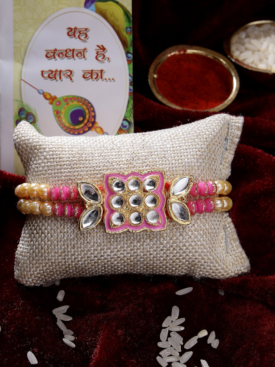 Pink & Gold-Toned Kundan-Studded Rakhi With Roli Chawal & Chocolate
