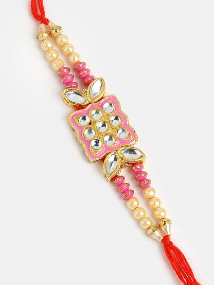 Pink & Gold-Toned Kundan-Studded Rakhi With Roli Chawal & Chocolate