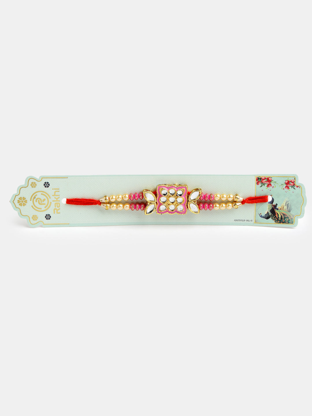 Pink & Gold-Toned Kundan-Studded Rakhi With Roli Chawal & Chocolate