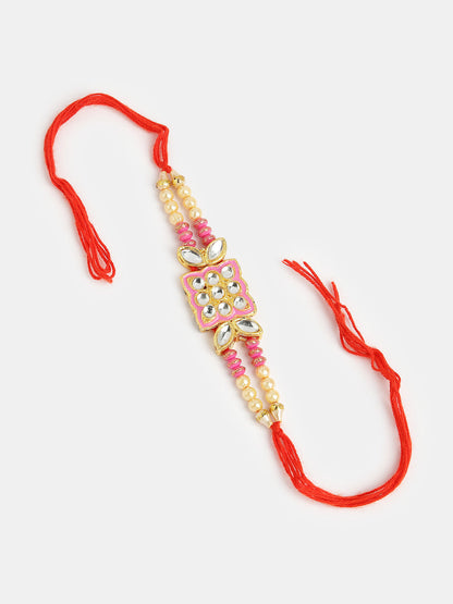 Pink & Gold-Toned Kundan-Studded Rakhi With Roli Chawal & Chocolate