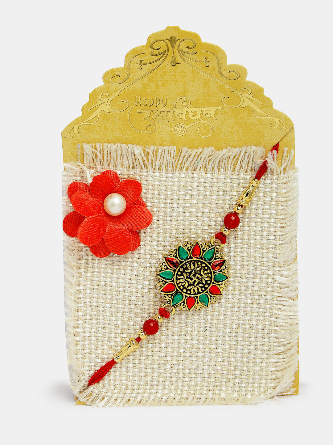 Red & Gold-Toned Stone-Studded Rakhi With Roli Chawal & Chocolate