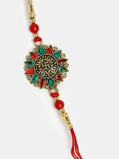 Red & Gold-Toned Stone-Studded Rakhi With Roli Chawal & Chocolate