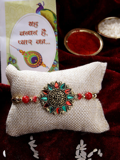 Red & Gold-Toned Stone-Studded Rakhi With Roli Chawal