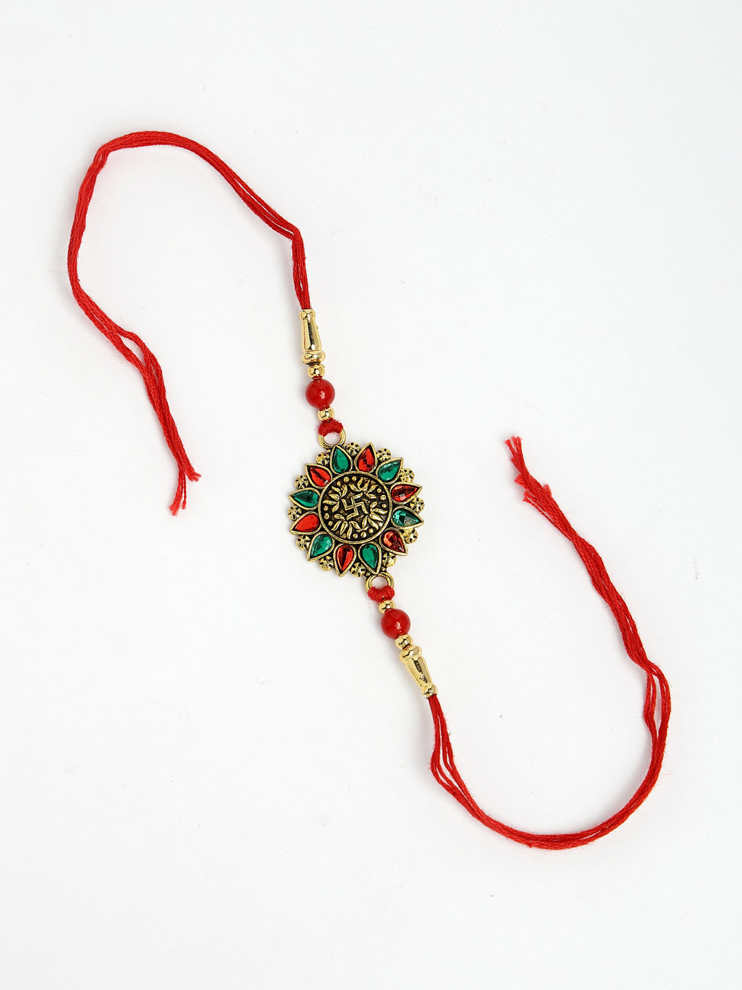Red & Gold-Toned Stone-Studded Rakhi With Roli Chawal