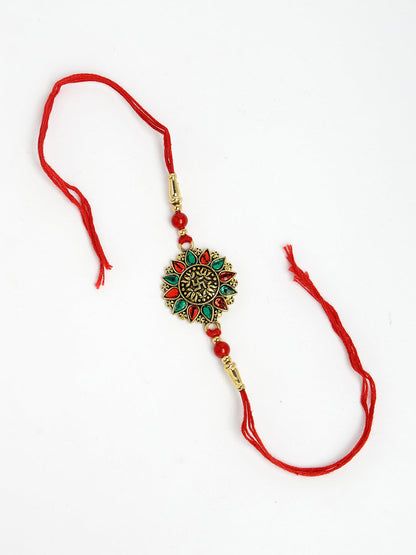 Red & Gold-Toned Stone-Studded Rakhi With Roli Chawal