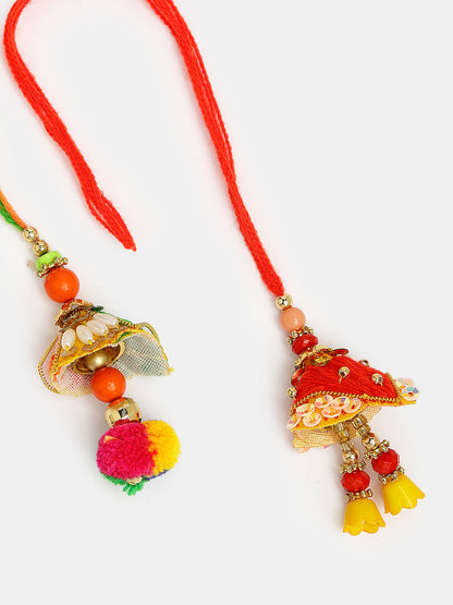 Set Of 2 Red Beaded Lumba Rakhi With Roli Chawal & Chocolate