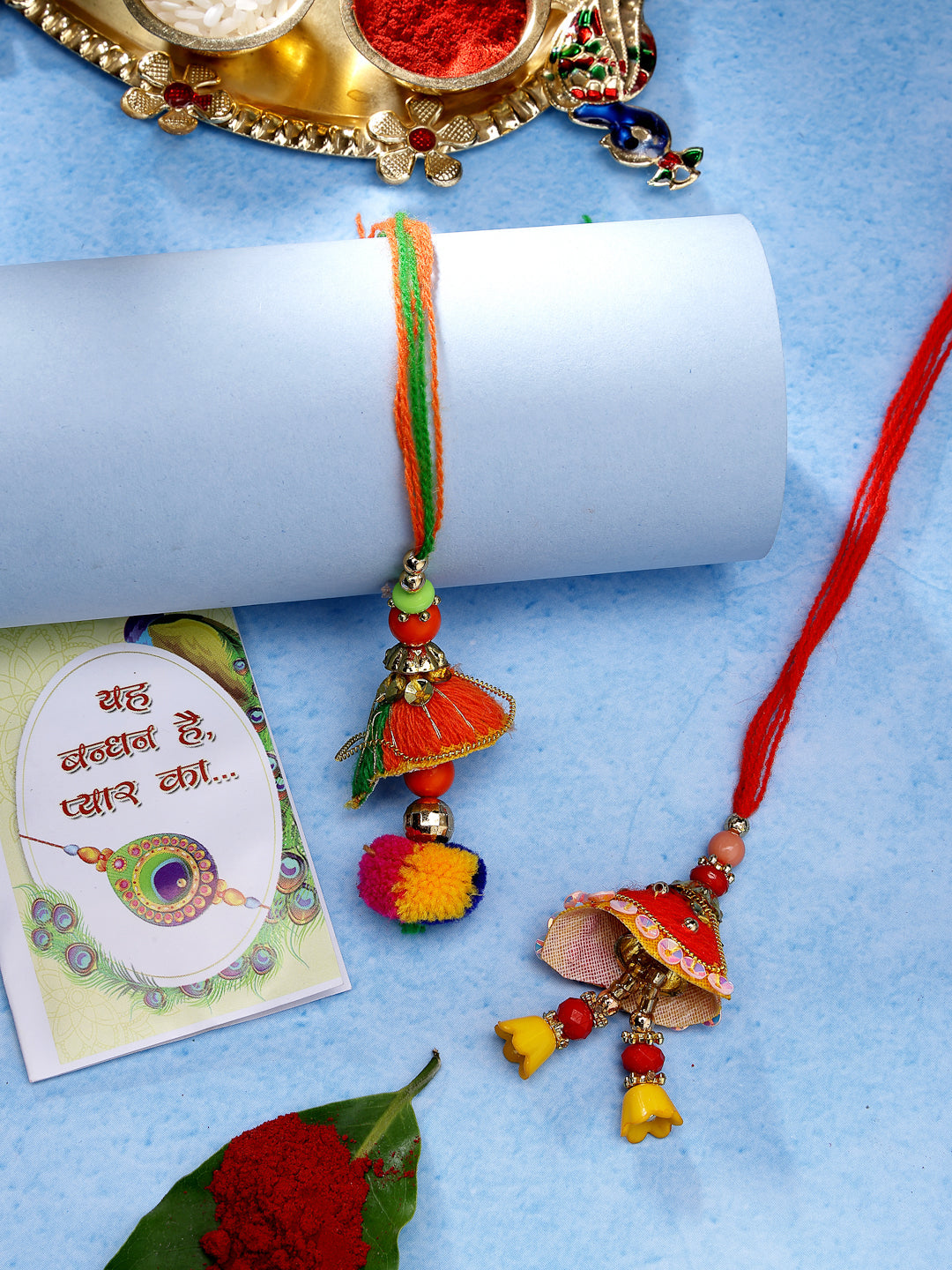 Set Of 2 Red Beaded Lumba Rakhi With Roli Chawal