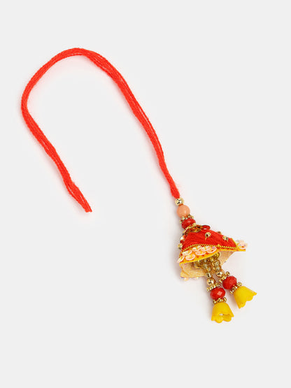 Set Of 2 Red Beaded Lumba Rakhi With Roli Chawal