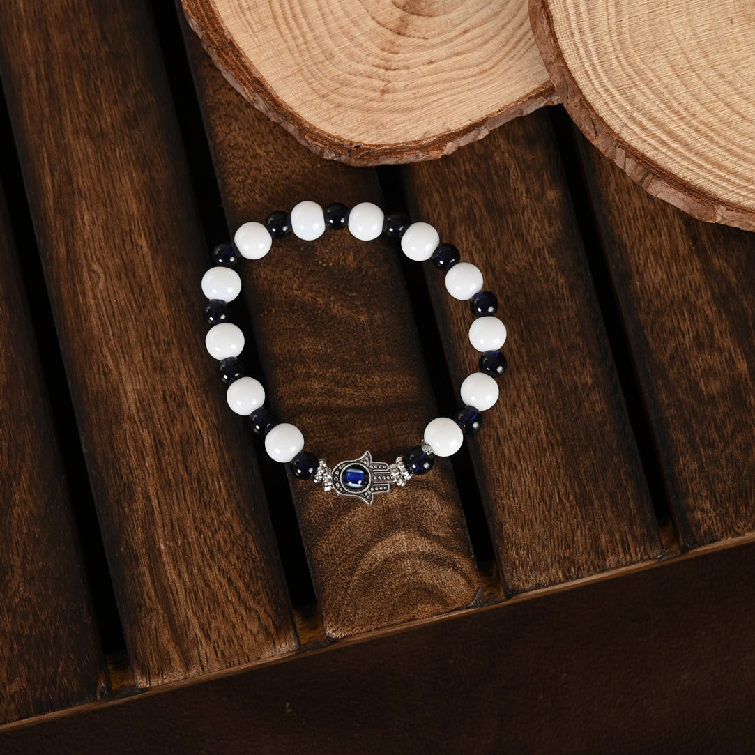 Black & White Evil Eye Elasticated Rakhi With Roli Chawal