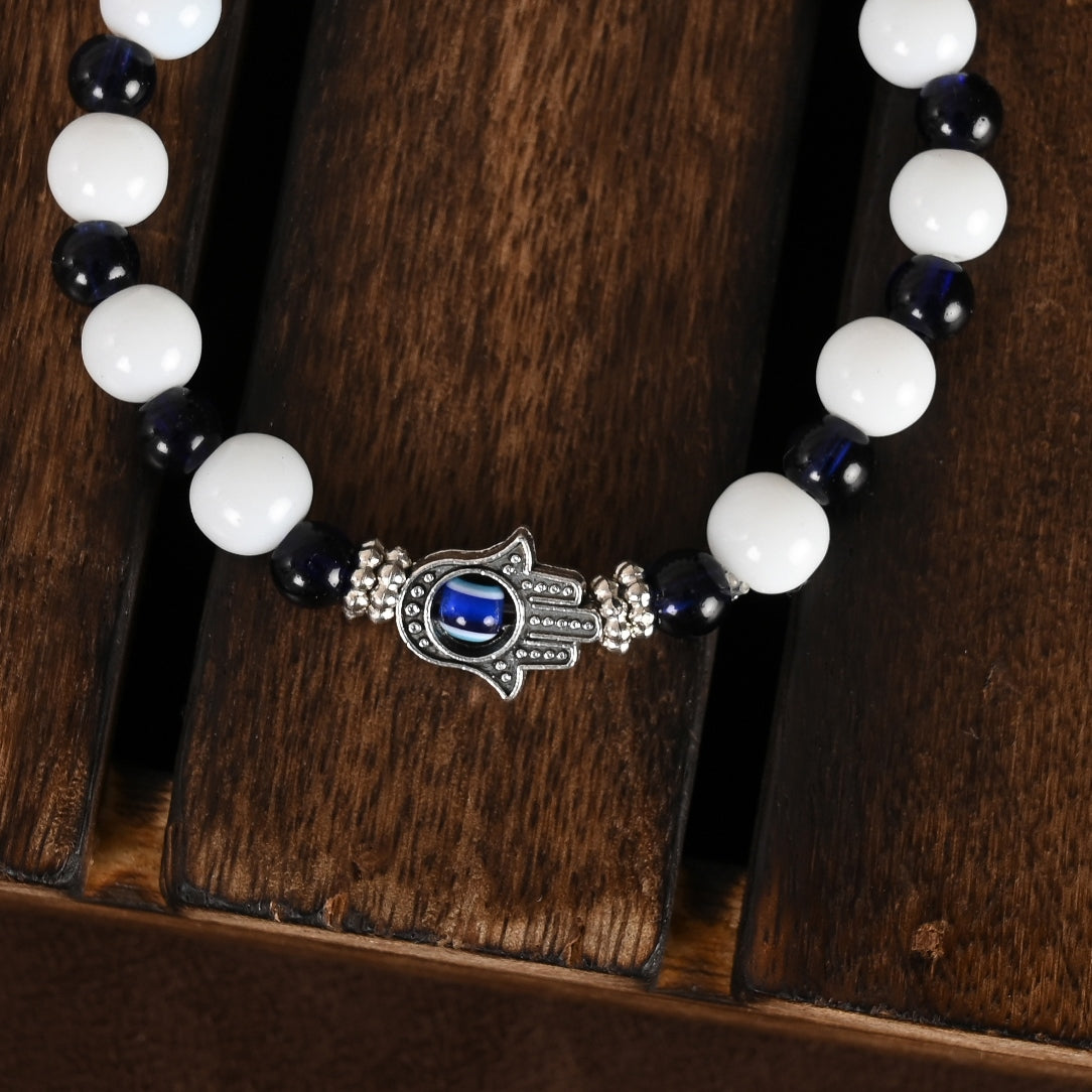 Black & White Evil Eye Elasticated Rakhi With Roli Chawal