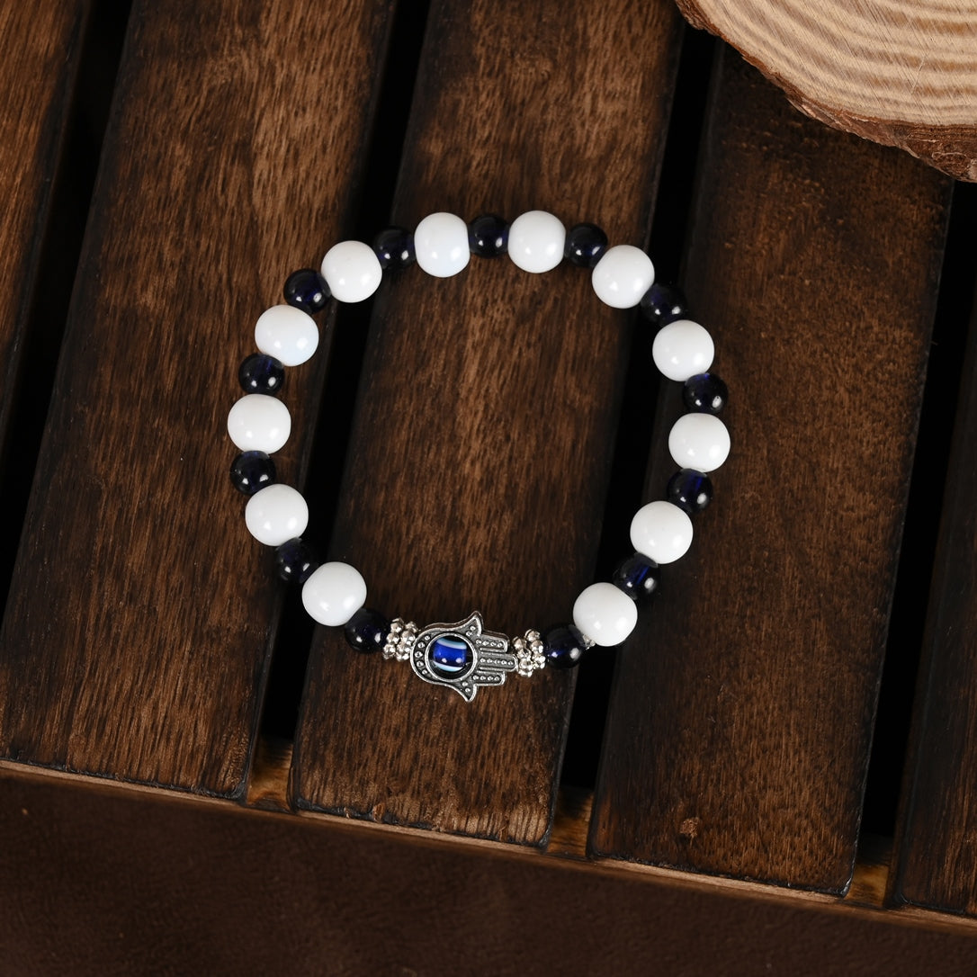 Black & White Evil Eye Elasticated Rakhi With Roli Chawal