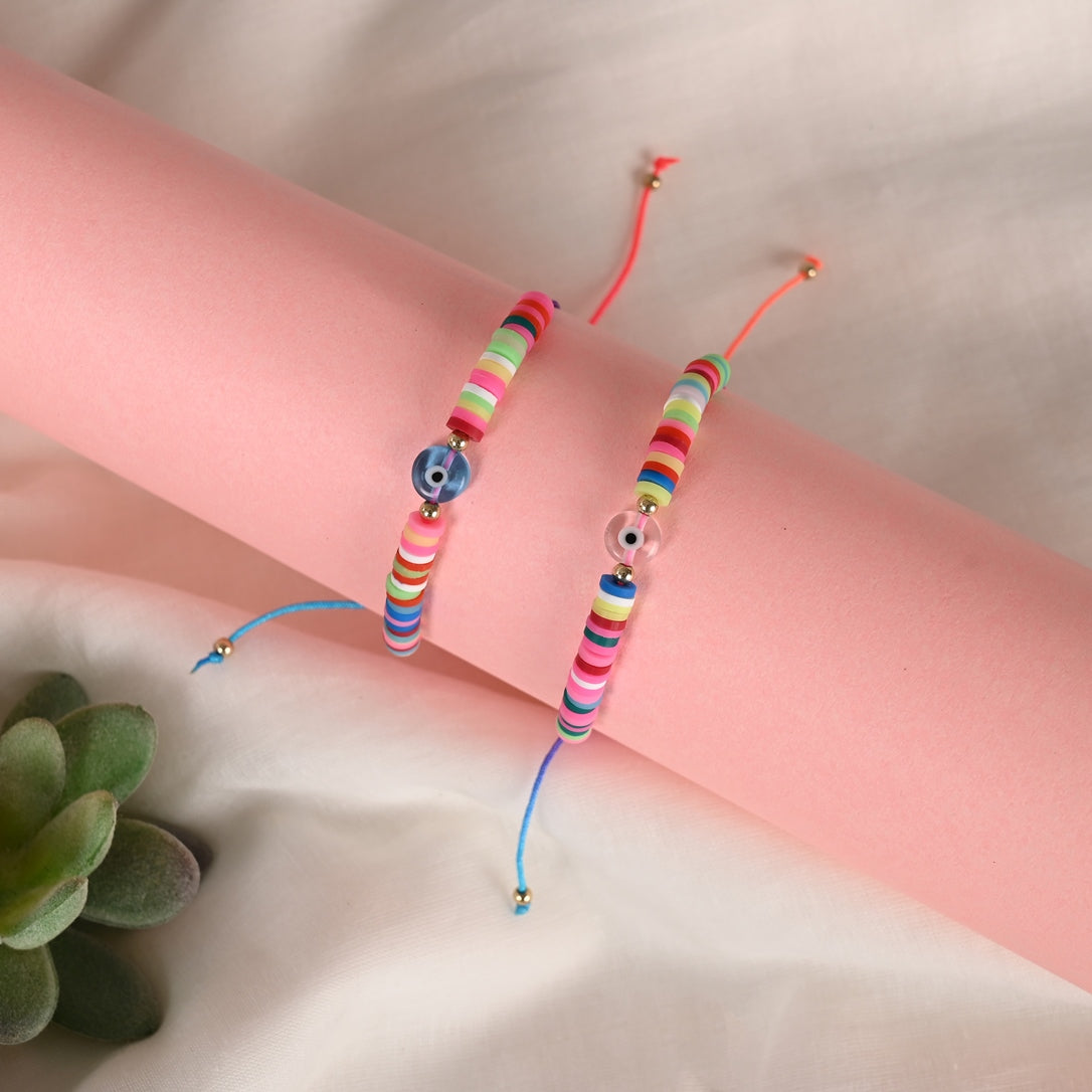 Set Of 2 Multicolor Evil Eye Rakhi With Roli Chawal