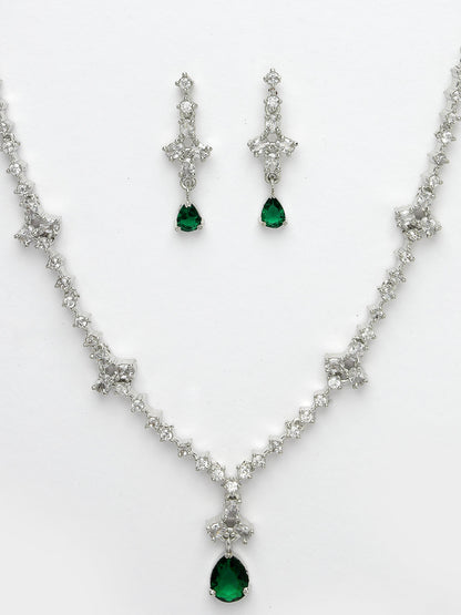 Women's Silver-Plated Green American Diamond Studded Jewellery Set