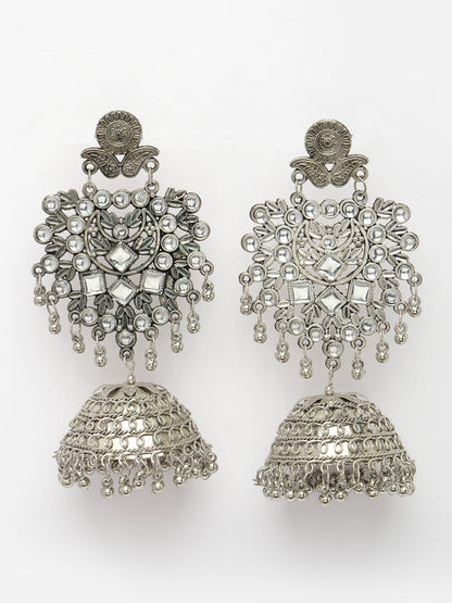 Women's Silver-Plated Oxidised Artificial Stones Dome Shaped Jhumka Earrings