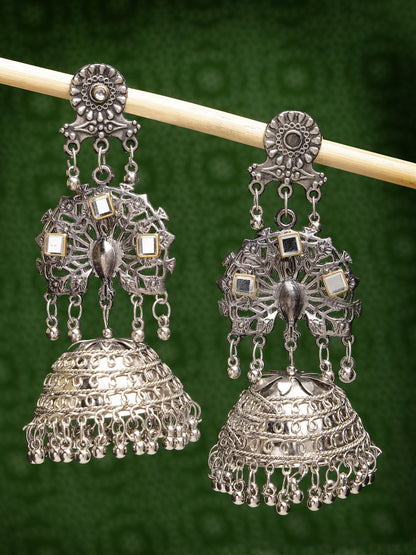 Women's Silver Plated Mirror Work Oxidised Contemporary Jhumka Earrings