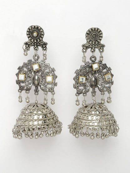 Women's Silver Plated Mirror Work Oxidised Contemporary Jhumka Earrings