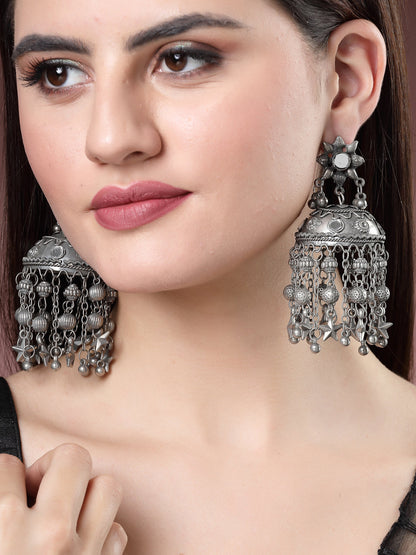 Women's Silver Plated Mirror Work Oxidised Contemporary Jhumka Earrings