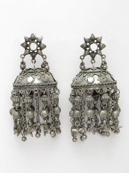 Women's Silver Plated Mirror Work Oxidised Contemporary Jhumka Earrings