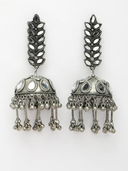Women's Silver Plated Mirror Work Oxidised Contemporary Jhumka Earrings
