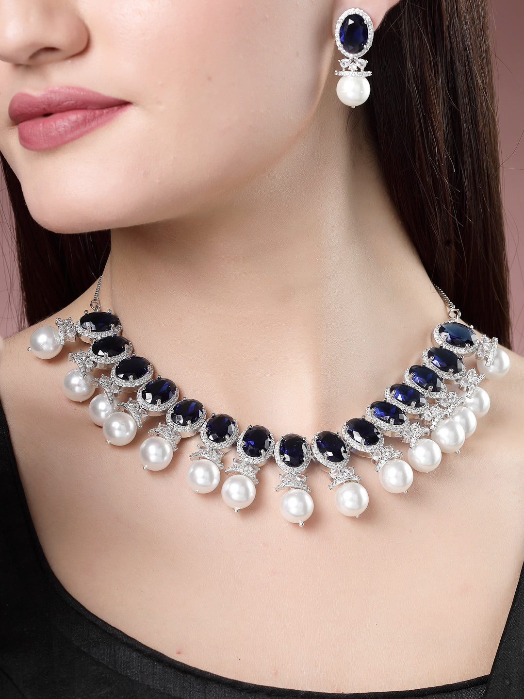 Women's Silver-Plated Blue American Diamond Studded Handcrafted Jewellery Set