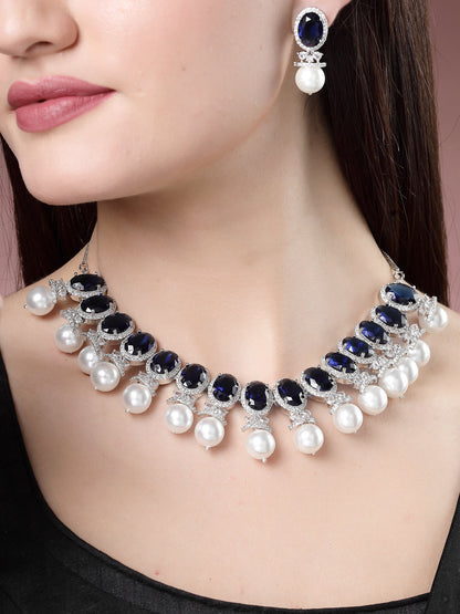 Women's Silver-Plated Blue American Diamond Studded Handcrafted Jewellery Set
