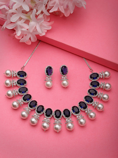 Women's Silver-Plated Blue American Diamond Studded Handcrafted Jewellery Set