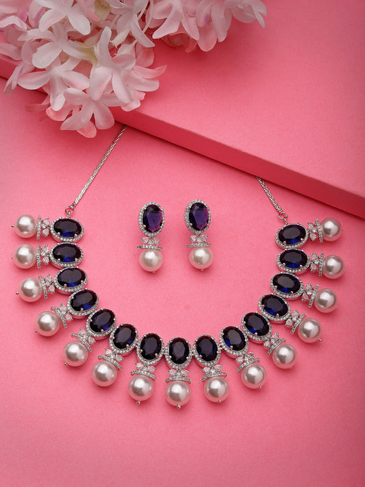 Women's Silver-Plated Blue American Diamond Studded Handcrafted Jewellery Set